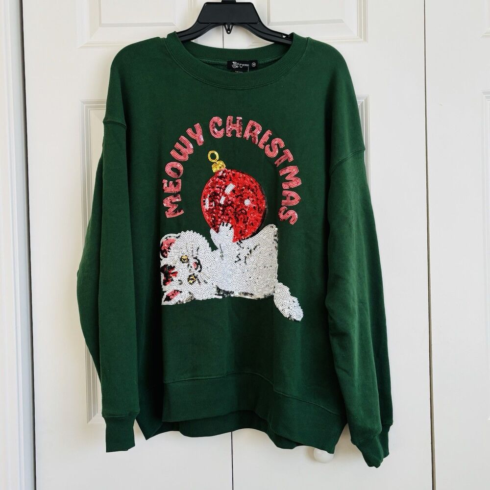 Women's Sweater Christmas Sequin Cat Green Size Medium Over Size Miss Chievous